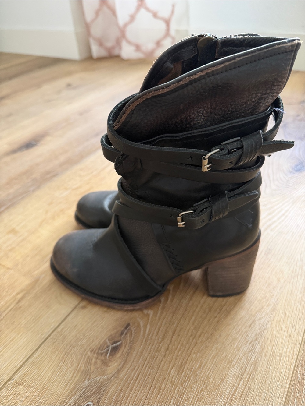 Freebird by Steven Black Leather Baker Buckle Strap Block Heel Boots
